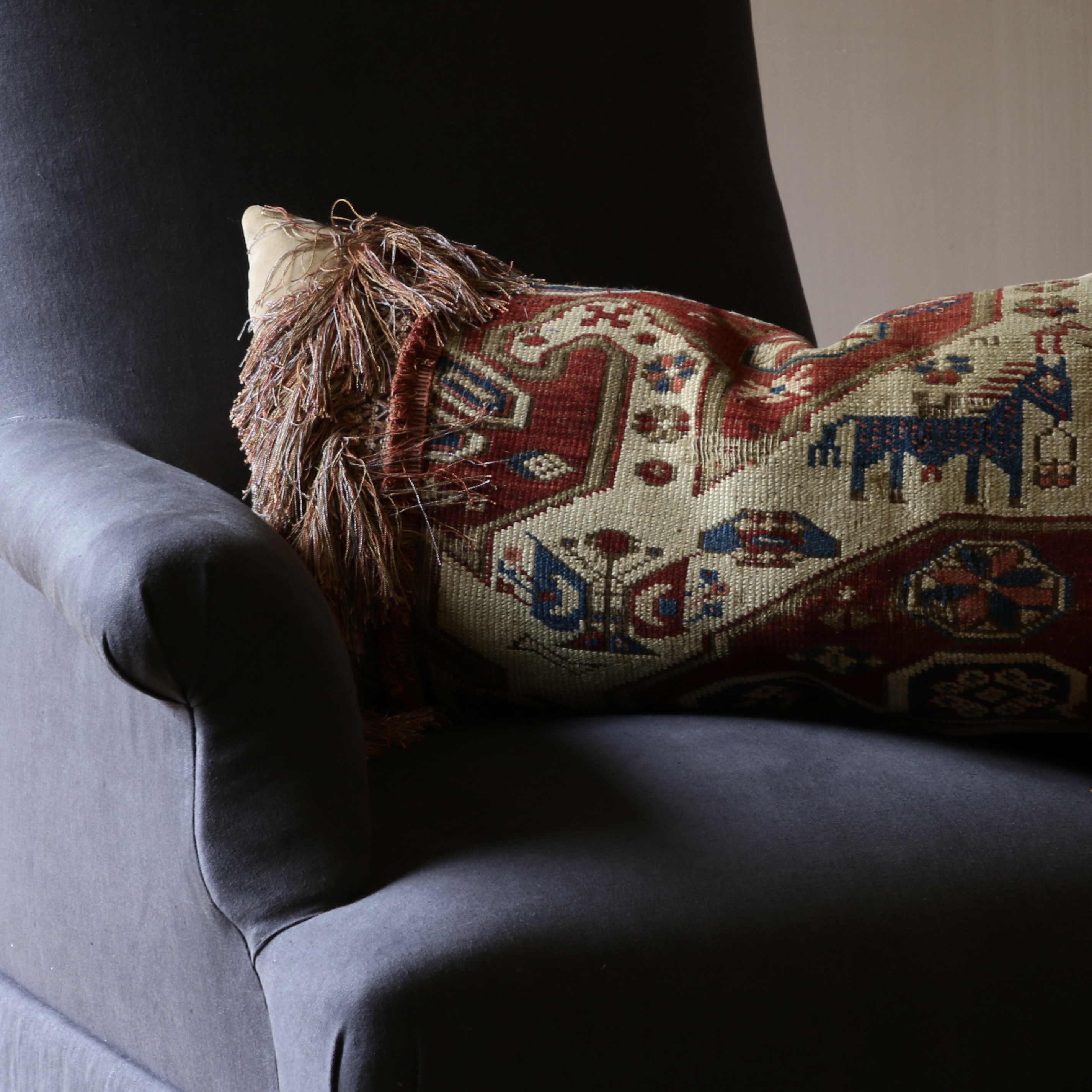 19th-Century Caucasian Carpet Cushion with Silk Fringe